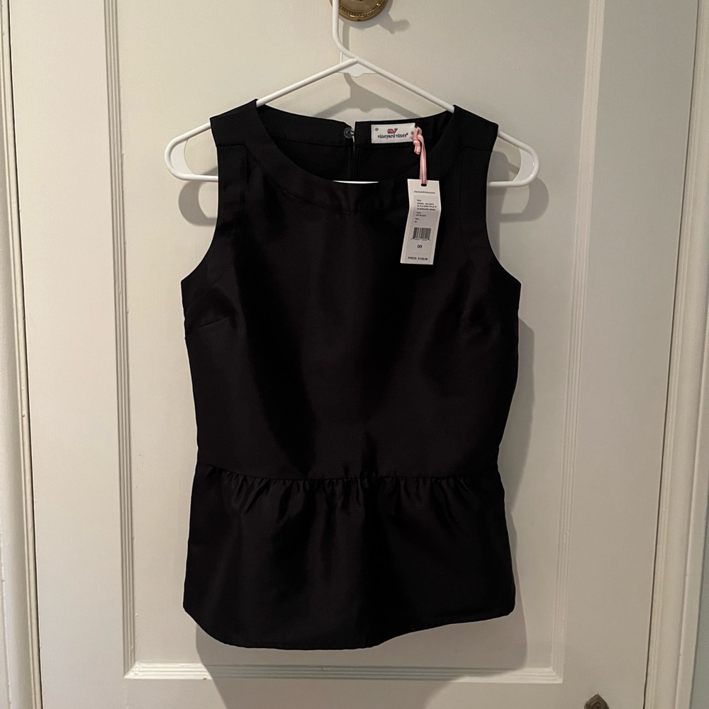 Vineyard Vines black peplum top with jeweled clasp button